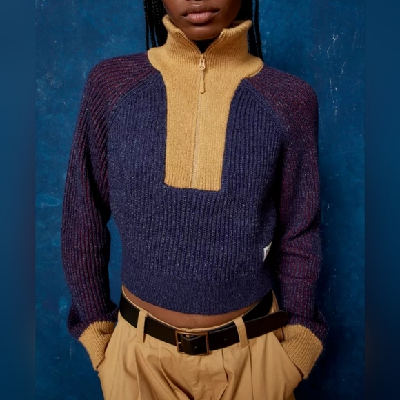 BDG Sweaters - BDG Womens Connor Colorblock Half-Zip Cropped Sweater XS Navy Blue